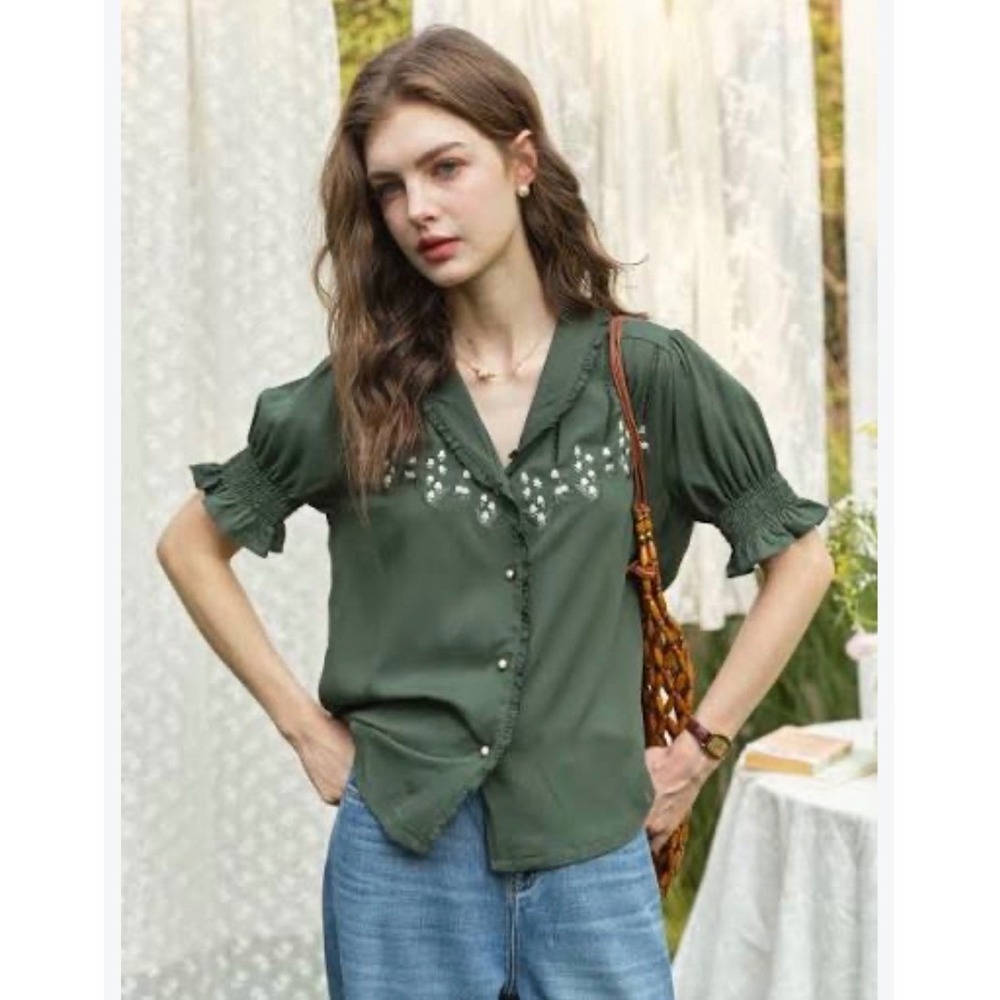 Simple Retro Dark Green Lily of the Valley Embroidered Blouse XL 66042